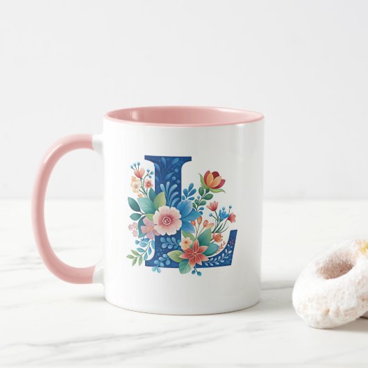 L blaues Monogramm mit Blume Tasse (Mit Donut)