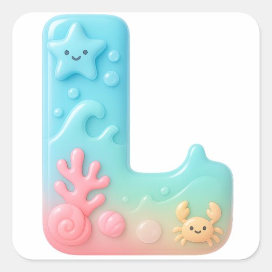 "L" Cute Letter - Underwater Sea Creature Quadratischer Aufkleber (Vorderseite)