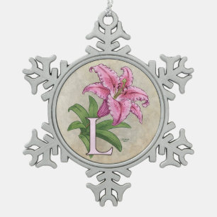L für Lilien-Blumen-Alphabet-Monogramm Schneeflocken Zinn-Ornament