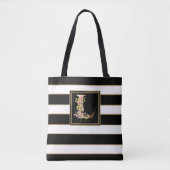 L Gold Floral Monogram | Schwarz-weiße Streifen Tasche (Vorderseite)