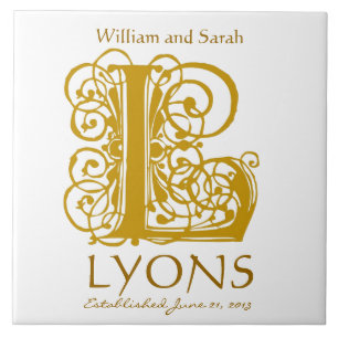 L Gold Monogram on White - Names Wedding Date Tile Fliese