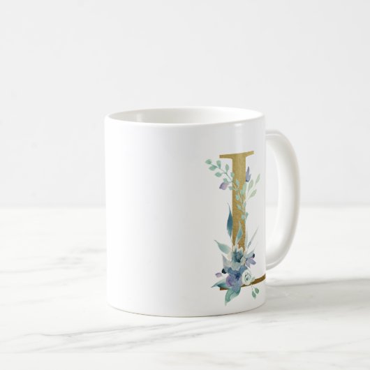 L Golden Initial mit blauen Blumenblättern Kaffeetasse (VorderseiteRechts)