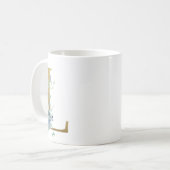 L Golden Initial mit blauen Blumenblättern Kaffeetasse (Vorderseite Links)
