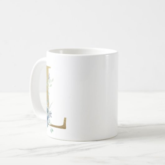 L Golden Initial mit blauen Blumenblättern Kaffeetasse (Vorderseite Links)