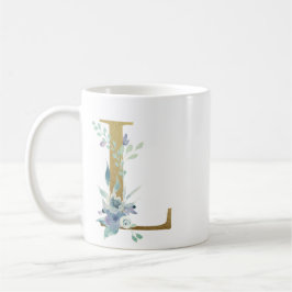 L Golden Initial mit blauen Blumenblättern Kaffeetasse