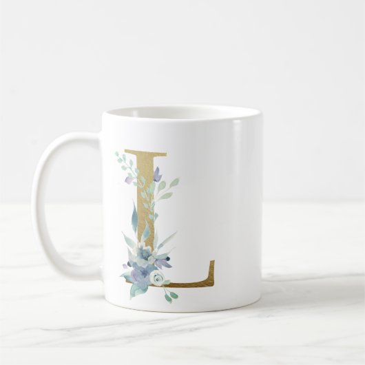 L Golden Initial mit blauen Blumenblättern Kaffeetasse (Links)