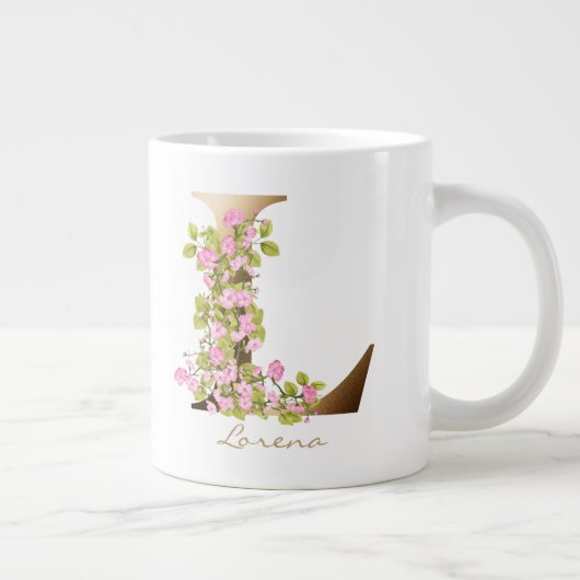 L Letter Gold Monogram | Rosa Kirschblüten Jumbo-Tasse (Rechts)