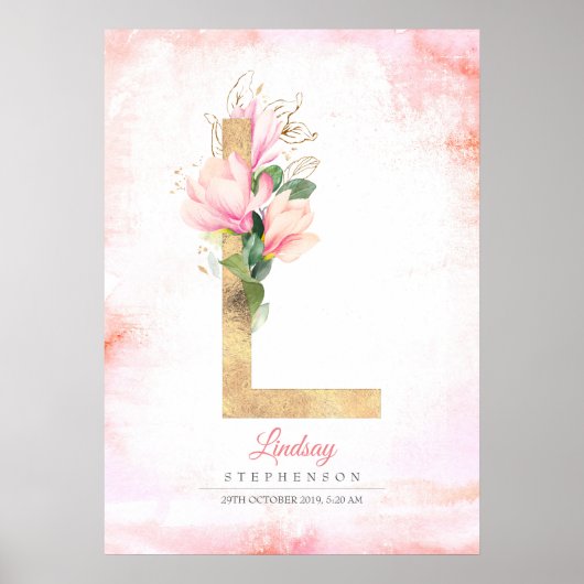 L Letter Monogram Gold Blätter Pink Magnolia Flora Poster (Vorne)