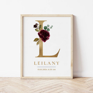 L Letter Monogram Name Marsala Floral Kinderzimmer Poster