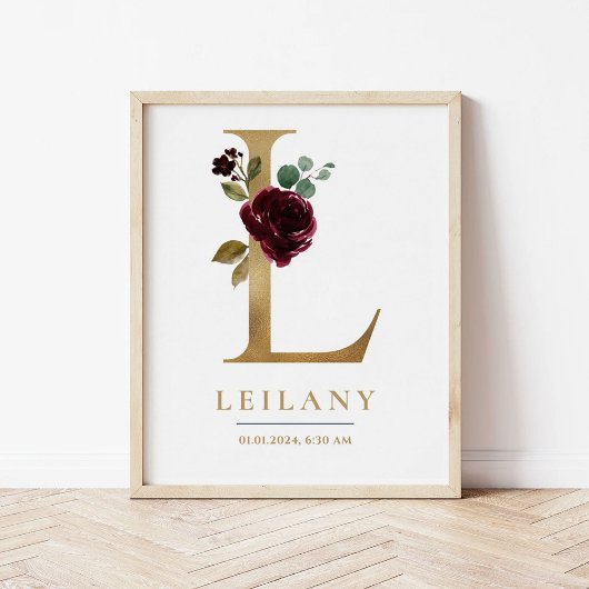 L Letter Monogram Name Marsala Floral Kinderzimmer Poster