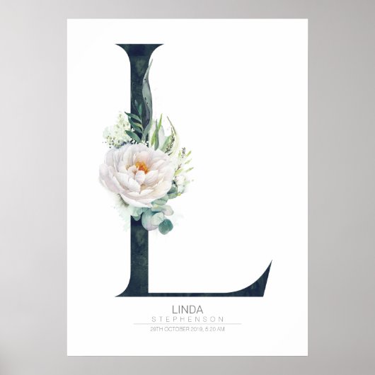L Letter Monogram Weiße Blume und Grüne Poster (Vorne)