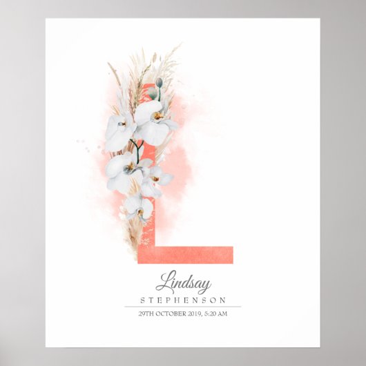 L Letter Monogram White Orchias and Pampas Grass Poster (Vorne)
