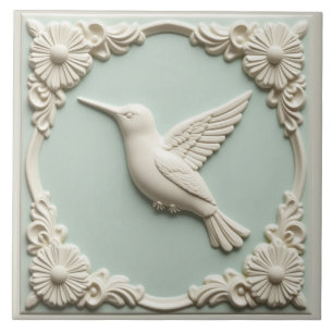 L Mintgrünes falsches Relief Art Nouveau Kolibri Fliese