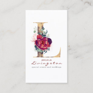 L Monogram Burgundy Blume und Gold Glitzer Visitenkarte