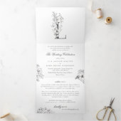 'L' Monogram Schöne gezeichnete Blumenhochzeit Dreifach Gefaltete Einladung (Innenseite)