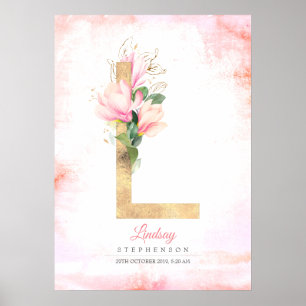 L Monogramm Goldene Blätter Rosa Magnolie Floral Poster