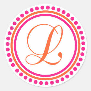 L Monogramm (rosa/orangefarbener Punktkreis) Runder Aufkleber