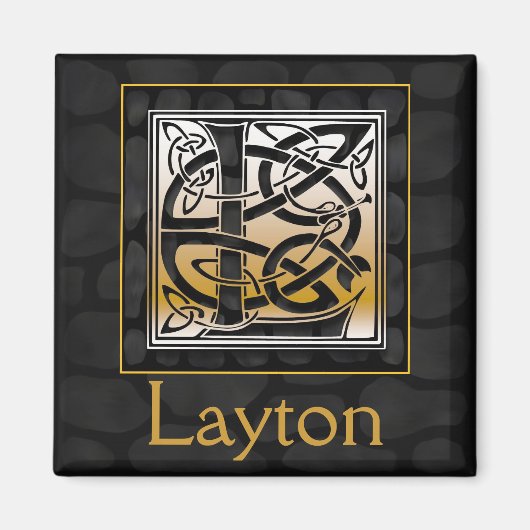 L Name Monogram "Celtic Black Stone" Square Magnet (Vorne)