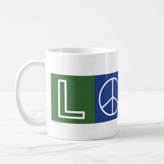 L-O-V-E - Zeichen für Herz und Frieden Kaffeetasse (Links)