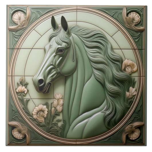 L Sage green faux relief Art Nouveau Horse Head Fliese (Vorderseite)