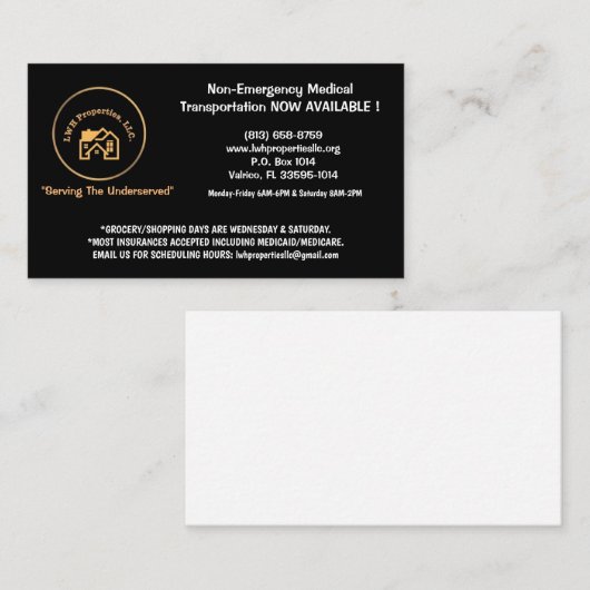 L.W.H. Immobilien, LLC-Visitenkarte Telefonnummerkarte (Vorne/Hinten)