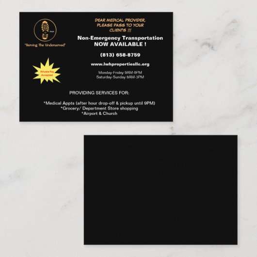 L.W.H. Properties, LLC mail Flyer für Provider Mitteilungskarte (Vorne/Hinten)