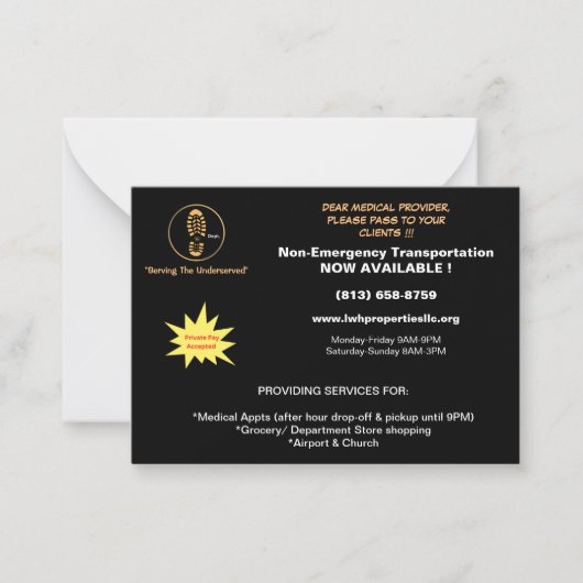 L.W.H. Properties, LLC mail Flyer für Provider Mitteilungskarte (Vorderseite)