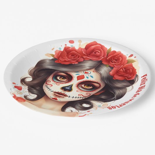 La Calavera Catarina 💀 en Flores Rojas 🌹 Pappteller (Schrägansicht)