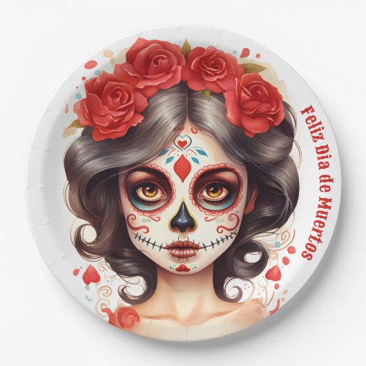 La Calavera Catarina 💀 en Flores Rojas 🌹 Pappteller (Vorderseite)