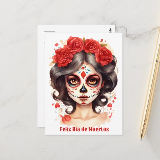 La Calavera Catarina 💀 en Flores Rojas 🌹 Postkarte (Vorderseite/Rückseite Beispiel)