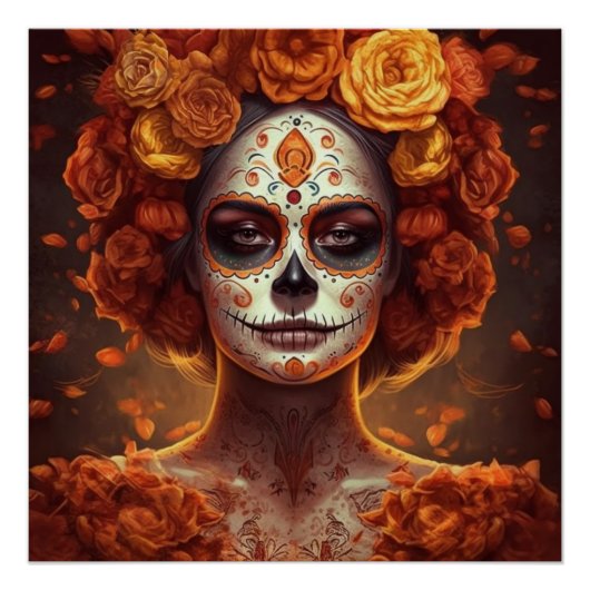 La Catrina Ringelblume Tag der Toten Zuckerschädel Poster (Vorderseite)