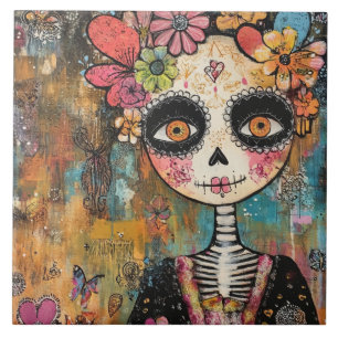 La Catrina-Skelett mit Blumenkrone Fliese