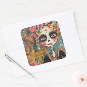 La Catrina-Skelett mit Blumenkrone Quadratischer Aufkleber