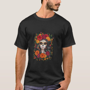 La Catrina Sugar Skull Blume Design T Shirt