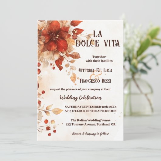 La Dolce Vita All-in-one Italienische Rote Hochzei Einladung (Stehend Vorderseite)