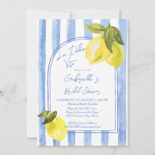 La Dolce Vita blaue Streifen Zitronen Brautparty Einladung (Vorderseite)