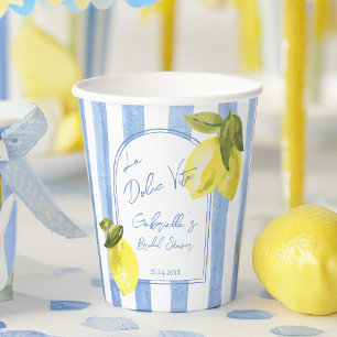 La Dolce Vita blaue Streifen Zitronen Brautparty Pappbecher