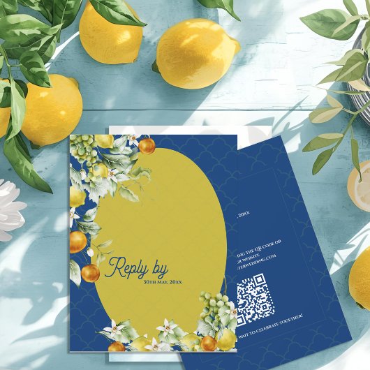 La Dolce Vita Citrus Blue Gold QR Code Wedding RSVP Karte
