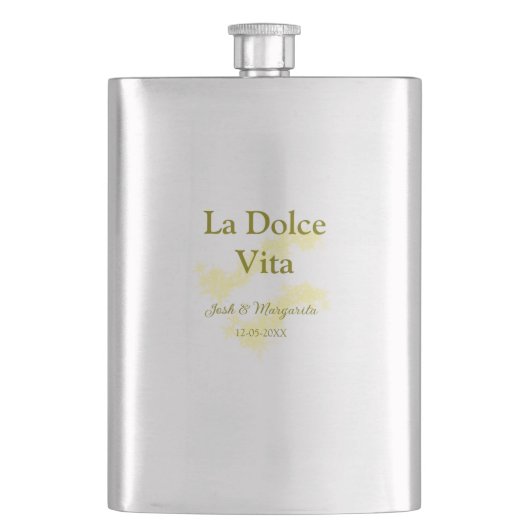 La Dolce Vita gelbe Hochzeitsgesellschaft Name Dat Flachmann (Vorderseite)