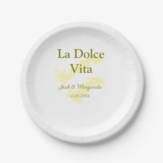 La Dolce Vita gelbe Hochzeitsgesellschaft Name Dat Pappteller (Vorderseite)