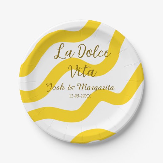 La Dolce Vita gelbe Hochzeitsgesellschaft Name Dat Pappteller (Vorderseite)