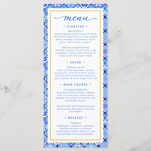La Dolce Vita Mediterrane Brautparty Menükarte (Vorderseite)