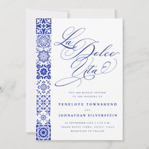 La Dolce Vita Schrift Blaue Weiße Fliesen Hochzeit Einladung