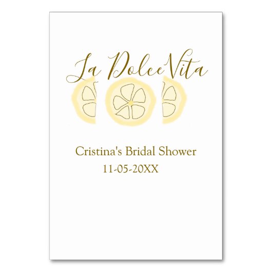 La Dolce Vita yellow lemon bridal shower pastel bo Tischnummer (Vorderseite)