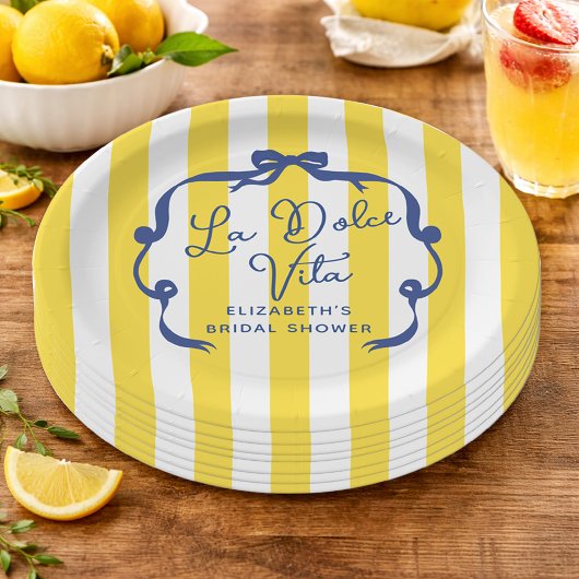 La Dolce Vita Yellow Stripe Bridal Shower Pappteller
