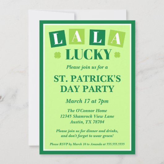 La La Lucky St. Patrick’s Day Party Einladung (Vorderseite)