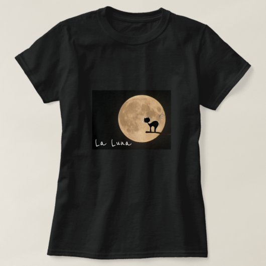 La Luna Slogan gotische schwarze Katze mit Vollmon T-Shirt (Design vorne)