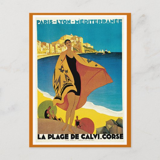 "La Plage de Calvi" Vintage Travel Poster Postkarte (Vorderseite)