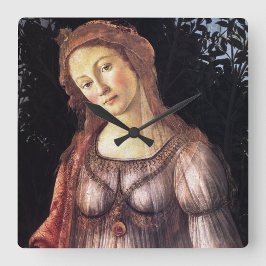 La Primavera von Sandro Botticelli Quadratische Wanduhr (Vorderseite)