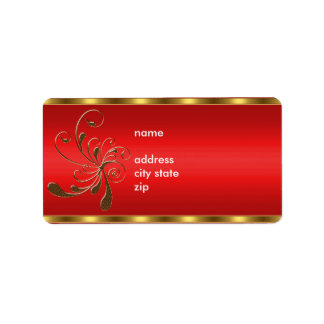 Label Address Gold Floral on Red Adressaufkleber